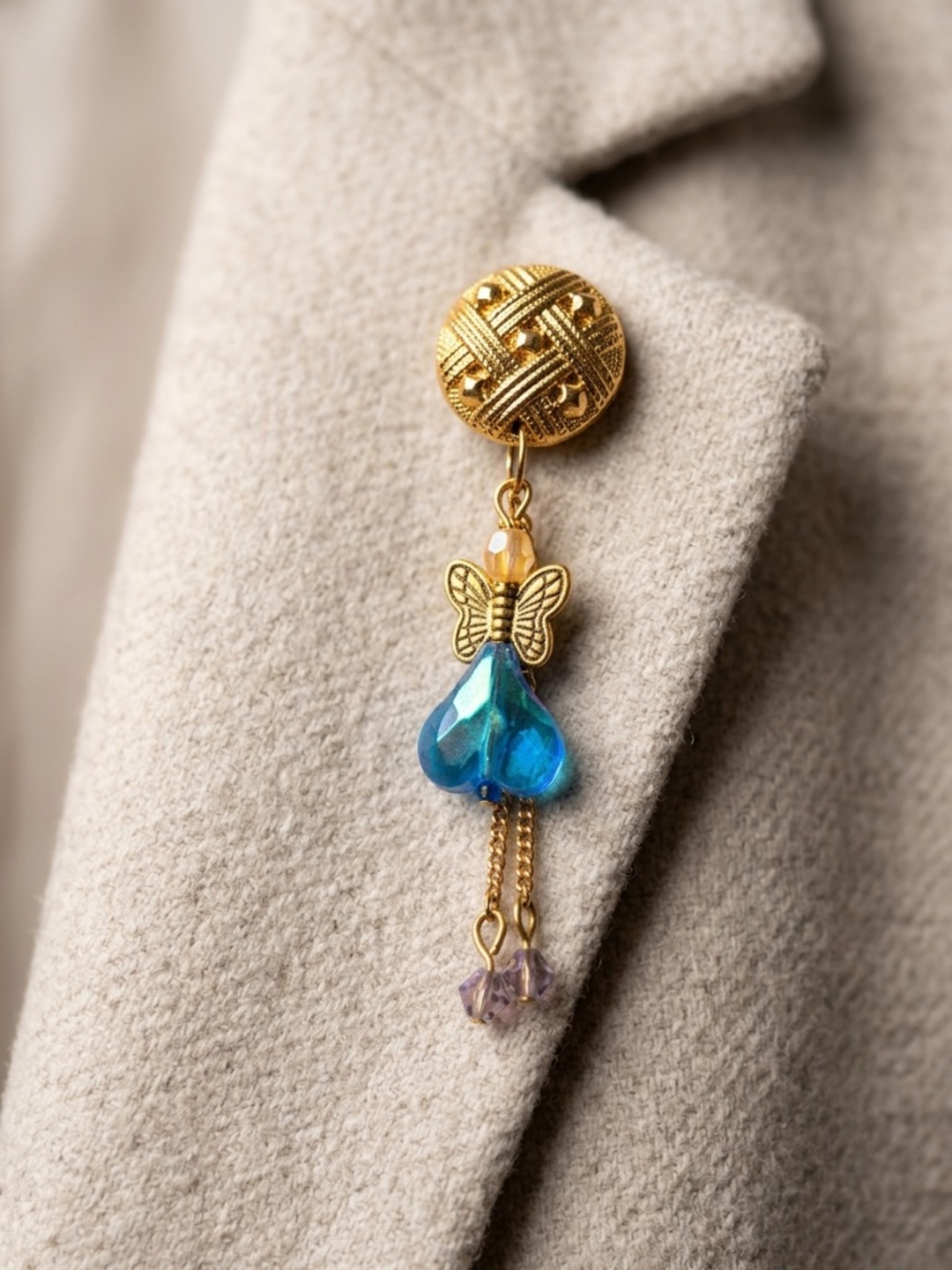 Vintage Gold Tone Butterfly Lapel Pin Brooch Blue Heart Crystal Dangle Women's